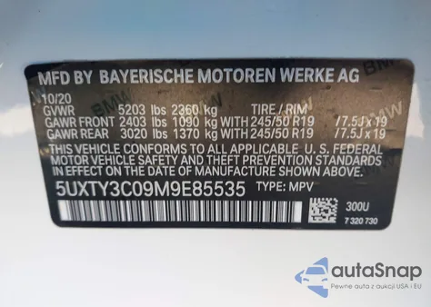 2021 BMW X3 Sdrive30I z USA, uszkodzony, nr VIN 5UXTY3C09M9E85535